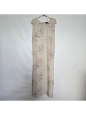 VENEZIA JEANS DRESS MAXI 100% LINEN WOMENS SLEEVELESS BEIGE TAN FLORAL SZ 26/28